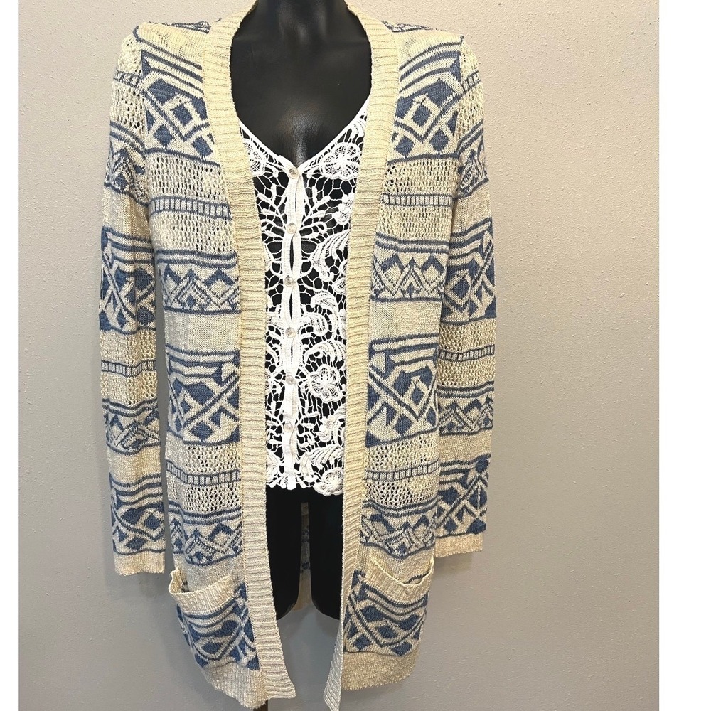 Pink Republic Junior's L Long Cardigan Geometric Navajo LooseWeave‎ Boho Indie